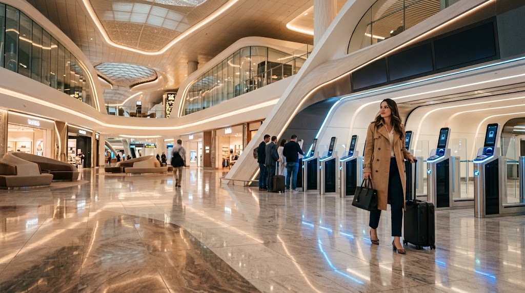 Modern interior of Dubai International Airport with travelers moving through streamlined biometric immigration gates