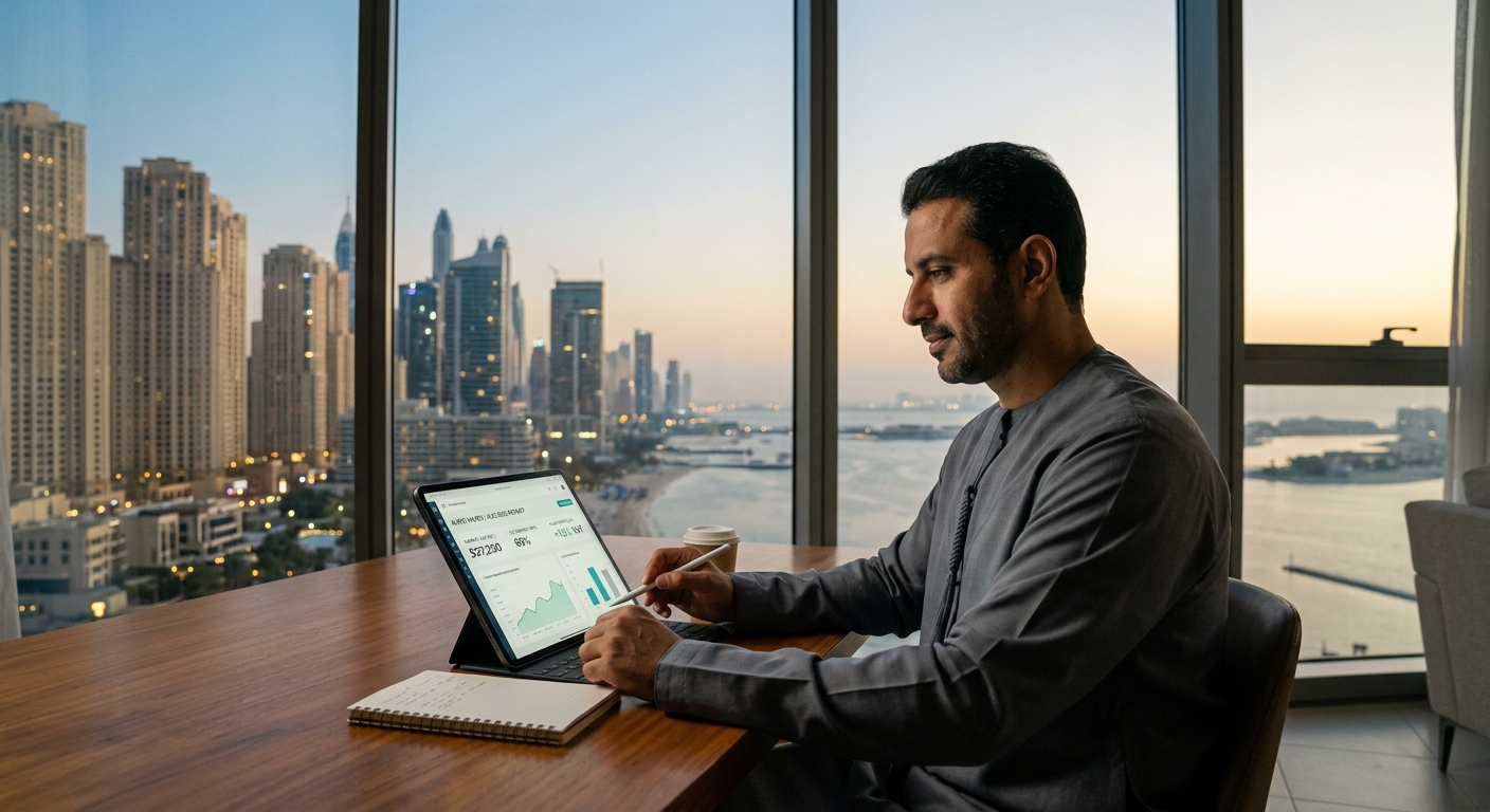Dubai luxury apartment interior with skyline view representing short-term holiday home rental performance