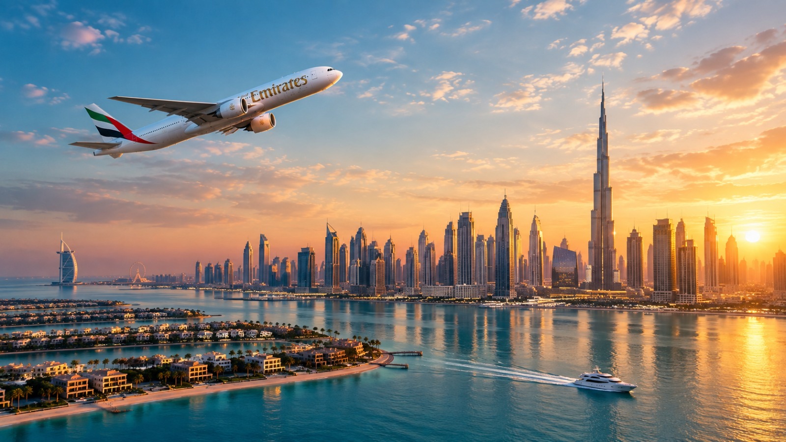 Dubai skyline and Emirates aircraft representing recovering tourism demand and short-term rental opportunities