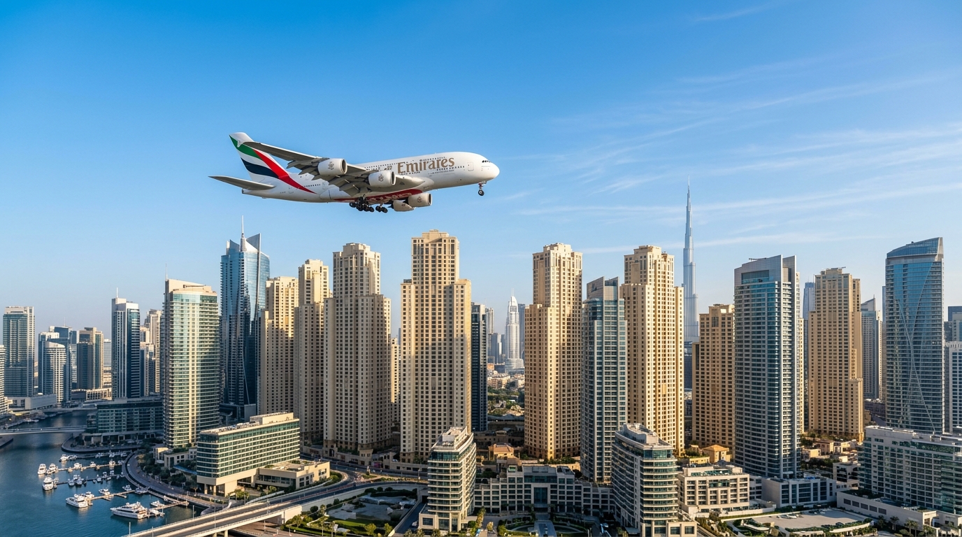 Dubai International Airport and modern luxury holiday home interior representing family travel demand