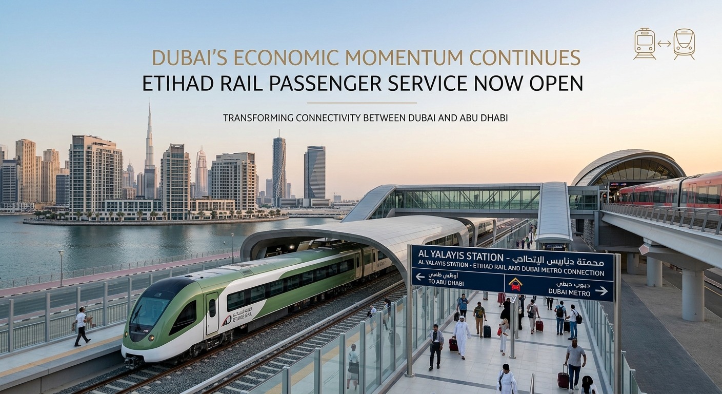 Dubai Etihad Rail station and skyline representing improved connectivity for Dubai short-term rentals
